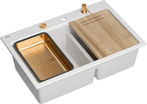 QUADRON Fregadero MARC 120 WORKSTATION Fregadero de granito de GraniteQ, fregadero de 2 cubetas, 760x500x235mm blanco+ ifón de apertura por empuje + dispensador + placa + inserto/elementos de cobre