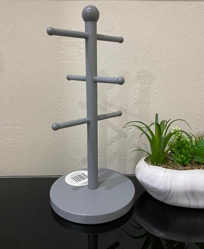 Grey Mug Tree Holder – 6 Hook Metal Coffee Cup Organizer for Kitchen & Office – Space-Saving Mug Rack Stand for Countertops – Durable & Elegant Storage for Coffee Mugs, Tea Cups, & Drinkware