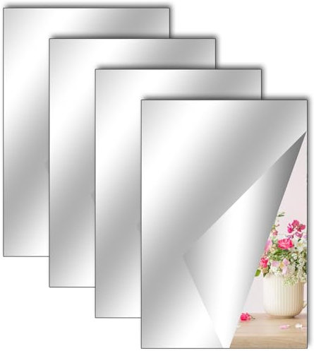 4 Stück Selbstklebende Fliesenspiegel Spiegel zum Aufkleben, 40 x 30 cm Acrylspiegel Schulspiegel Flexible Spiegelfolien Spiegelaufkleber für Wand Schule Zuhause Wohnzimmer Badezimmer Schlafzimmer