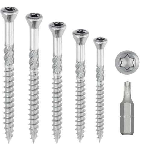 Terrassenschrauben Edelstahl A2: 5 x 70 mm, Senkkopf, reduzierter TORX, Ø 5 x 70 mm | Holzschrauben 70 mm Terrassen/Bretter/Verkleidungen | Edelstahl A2 (V2A/304) | 5 Bits enthalten: 1000 Stück