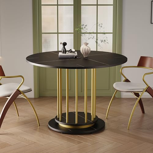 Soweiz Esstisch rund 110 cm, Modernes Design Metallgestell Runder Esstisch mit Marmoroptik, Platzsparender Küchentisch für 2–4 Personen, Esszimmer oder Wohnzimmer (Schwarz+Gold)