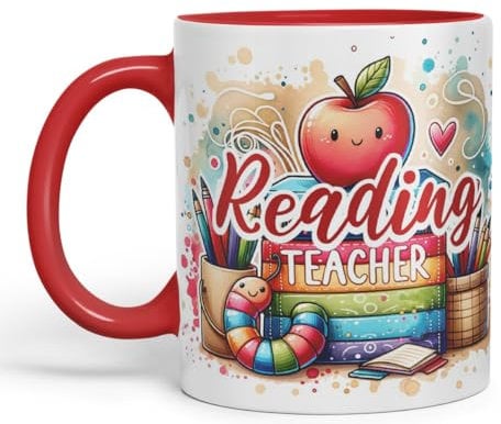 Vixar Reading Teacher Mug Thank You, End of School Gift Ceramic Coloured Mug Cup for Tea Coffee Hot Brew 330ml 11Oz Gift (Red)