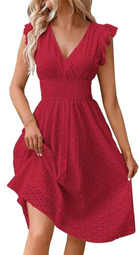 Robe Femme Ete Chic Courte Unie Robe Boheme en Dentelle Jacquard Col en V Ample Robes Swing D'été Robes de Plage Décontracté à Manches à Volants Dress Taille Haute pour FêTer Plage