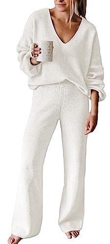 Pink Queen Damen Loungewear Jogginganzug V-Ausschnitt Lange Ärmel Trainingsanzug Hausanzug Zweiteiler Set Outfit Weiß S