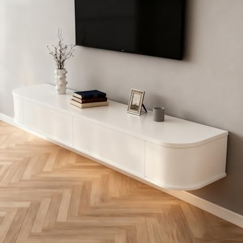 Wrtsxe Schwebende TV-Ständer aus Massivholz zur Wandmontage, Wand-Entertainment-Center mit Lagerschränken und herunterklappbaren Türen, schwebend für Wohnzimmer, Schlafzimmer, Büro (Blanc, 120cm)