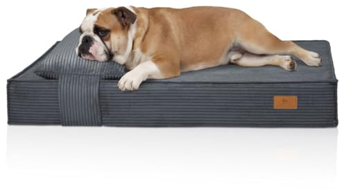 Knuffelwuff orthopädisches Hundebett Soleya 135x90cm Grau | Cord Hundebett mit Kopfkissen | Memory Foam Matratze | gelenkschonend & formstabil | Bezug waschbar 30 °C | für kleine bis große Hunde
