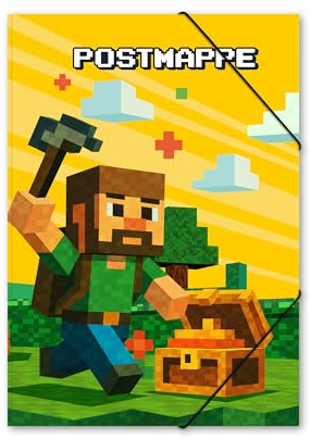 itenga Postmappe aus stabilem Kunststoff PP - Gummizugmappe mit Motivauswahl für Jungen DIN A4 mit Gummizugverschluss - Sammelmappe Eckspanner (Blockgame PIXEL)