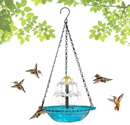Bain d'oiseaux Abreuvoir Exterieur,Fontaine Solaire pour Jardin Oiseaux,Mangeoire Oiseaux Décoration,Bains pour Oiseaux Sauvages,Décor Suspendu pour Jardin Et Balcon Attirant Les Colibris(Bleu)