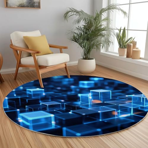 Abstrakt 3D Geometrisch Streifen Waschbare Runde Teppiche 120 cm, Blau Rutschfester Runder Teppich für Wohnzimmer Kinderzimmer - Weicher Niedrigfloriger Teppich für Spielzimmer Unter den Esstisch
