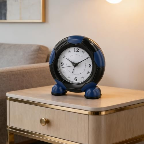 Sveglia da calcio, movimento al quarzo silenzioso, funzionamento a batteria, orologio sportivo da scrivania per camera da letto, decorazione compatta in plastica (bianco)