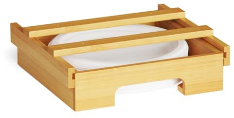 NONDK 9/10-Inch Bamboo Paper Plate Dispenser - Under Cabinet & Countertop Holder for Kitchen Caddys for Plates Universal A
