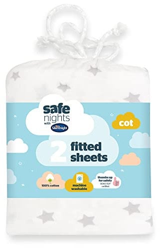 Silentnight Safe Nights Fitted Sheet - Cot Mattress - Breathable 100% Cotton Jersey - Super Soft Kind to Baby Skin - 120x60cm - Secure Fit with Elasticated Corners - 2 Pack, Grey Stars