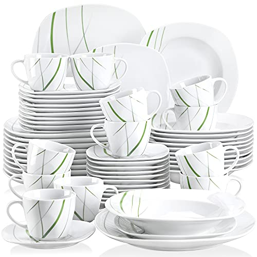 VEWEET AVIVA 60 pièces Service de Table Porcelaine 12pcs Assiette Plate, Assiette à Dessert, Assiette Creuse, Tasse avec Soucoupes Vaisselles pour 12 Personnes Céramique Blanc Ivoire