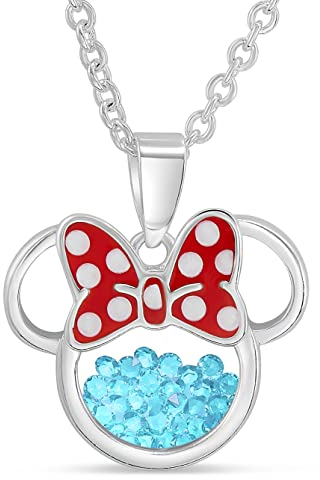 Disney Birthstone Women and Girls Jewelry Minnie Mouse Silver Plated March Aquamarine Light Blue Swarovski Cubic Zirconia Shaker Pendant Necklace, 18+2 Extender
