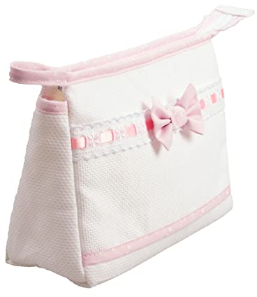 Filet - Trousse de Voyage avec Fermeture à Glissière, Enveloppe avec Poche en Toile Aida à Broder, Organisateur de Produits de Beauté, 100% Made in Italy, Dimensions 24x16x6 cm, Couleur Blanc et Rose