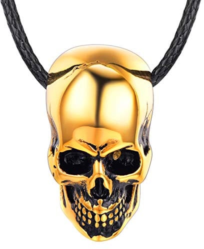 U7 Gold Skull Necklace Men Chunky Pendant Wax Rope Necklaces Cord Skeleton Y2K Jewellery