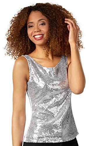 dressforfun Pailletten Top Damen, Glitzer Oberteile Damen, Pailletten Oberteil Damen, Disco Kostüm Damen, sexy Faschingskostüme, Party Oberteil Damen, Party Top, Galaxy Kostüm Damen - Silber, XXL