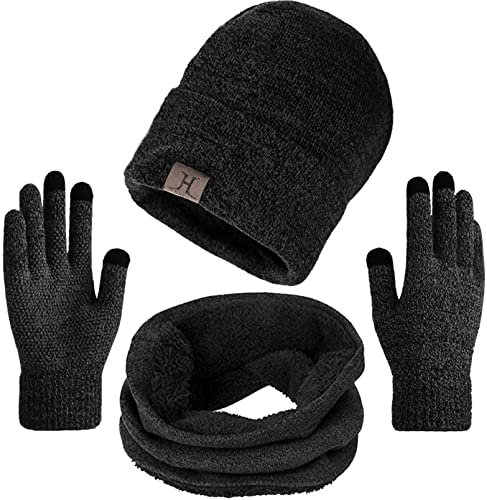 Aisprts Wintermütze Herren Mütze Schal Handschuh-Sets, Touchscreen Handschuhe Beanie Warme Mütze Strickmütze Winterschal Herren mit Fleecefutter