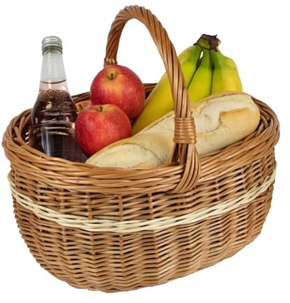 Wicker Shopping Basket with Handle - Willow Oval Deluxe Shopper Basket - Traditional French Market Basket Designed for Strolls to Farmers Markets and Farm Shops