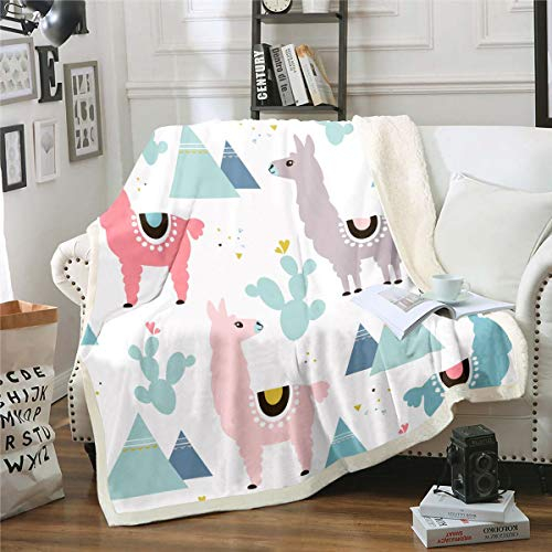 Mädchen Lama Kuscheldecke Schöne Lama Alpaka Design Wohndecke Kaktus Gedruckt Flanell Fleecedecke 150x200cm Atmungsaktive exotische Tierdreieck Geometrie