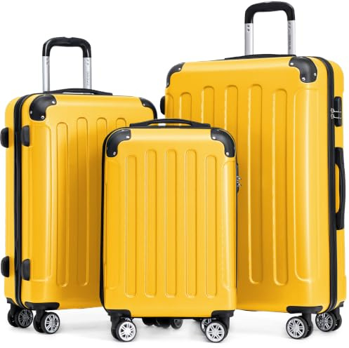 BEIBYE Kofferset 3-teilig – Kabinenkoffer, Reisekoffer und XL-Koffer aus ABS mit Doppelrollen und Zahlenschloss, Yellow