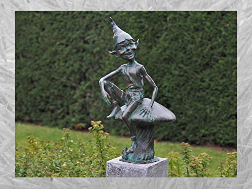 IDYL Bronze-Skulptur Elf auf einem Pilz | 77x35x43 cm | Klassische Bronze-Figur handgefertigt | Gartenskulptur oder Teich-Dekoration | Hochwertiges Kunsthandwerk | Wetterfest