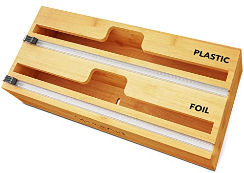 SpaceAid WrapNeat - Organizador 2 en 1 con cortador y etiquetas, envoltura de plástico, papel de aluminio y dispensador de bambú de cera para almacenamiento de cocina, soporte de organización para
