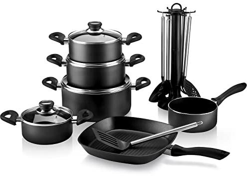 Krüger Aluguss-Set 17-teilig - antihaft-versiegeltes Topf- und Pfannenset mit Küchenhelfer - hohe Hitzebeständigkeit und langanhaltende Wärmespeicherung (Schwarz)