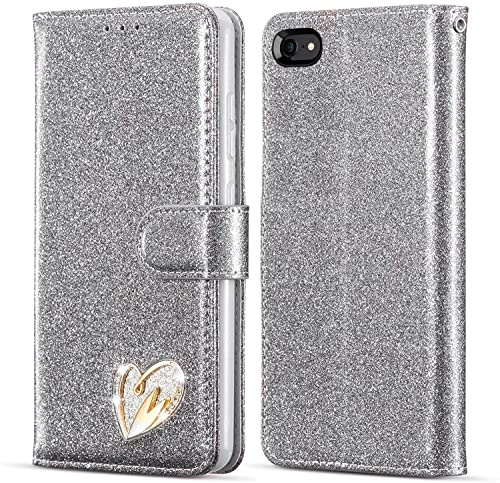 KP TECHNOLOGY Case for iPhone SE 2022, Premium Shiny Bling Glitter Loving Heart Book Flip Stand Wallet Card Phone Case for iPhone SE 2022 5G (SILVER)