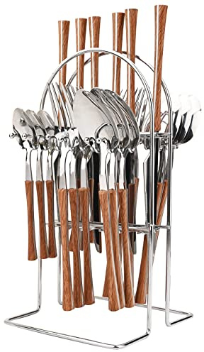 Snplowum Set di 24 posate da appendere con supporto per posate, in acciaio inox a specchio, con manico in legno, utensili da cucina per casa, ristorante e festa di nozze, servizio per 6 persone,