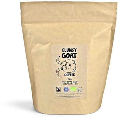 Clumsy Goat Fairtrade Organic Peruvian Decaf Whole Coffee Beans | 250g, 100% Arabica, Dark Roast, Swiss Water Decaf, Peanut, Chocolate & Mild Citrus Notes