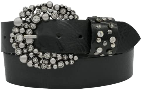 AnnaMatoni Damen Leder Gürtel weiches Rindsleder 3mm stark mit Hochwertiker Strassstein Schließe 4cm breit Damen Ledergürtel (schwarz 790, TW85 - Gesamtlänge 100cm)