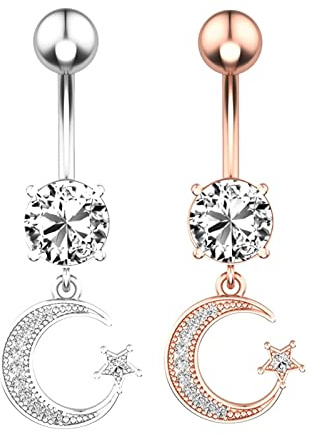 Wycian Bauchpiercing Ring, Piercing Bauchnabel Edelstahl 2pcs Silber Roségold Mondstern Weißer Zirkonia Bauchnabelpiercing für Damen