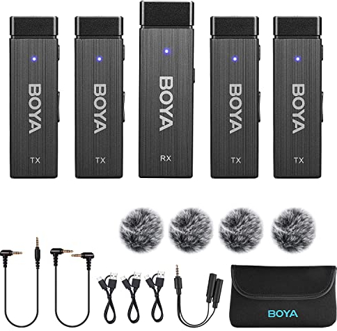 BOYA Kabelloses Lavalier-Mikrofonsystem mit 4 Kanälen, BY-W4 2,4 G, kabellos, 4 Sender und ein Empfänger für DSLR-Kamera, Camcorder, Smartphones, Interview, Vlog, Video, YouTube