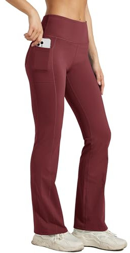 WILLIT Damen Thermo Flare Leggings Winter Fleece gefütterte Yogahose Warm Sportleggins Laufhose Bootcut Hose High Waist mit Taschen Weinrot L