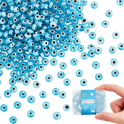 DICOSMETIC 4 hilo de Cuentas de Mal de Ojo Cuentas de Murano Cuentas de Cristal Azul Claro Cadena de Cuentas Planas Redondas Cuentas Espaciadoras Pequeñas para Joyería, Pulsera