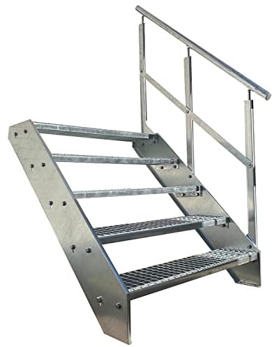 Kaminbau Mierzwa Premium Stahl Treppe Geländer Rechts Verzinkt 5 Stufen (Breite 1200 mm) (Höhe 95 cm) Wetterfest Gitterroststufe Gartentreppe