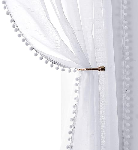 Treatmentex Boho Gardinen mit Pompons Gardinen Ösen 140 cm Breite Transparent Gardinen mit Quasten Gardinen Voile Ösenschal Dekoschal für Wohnzimmer Schlafzimmer,2 Stücke(140 x 245 cm,Weiß)