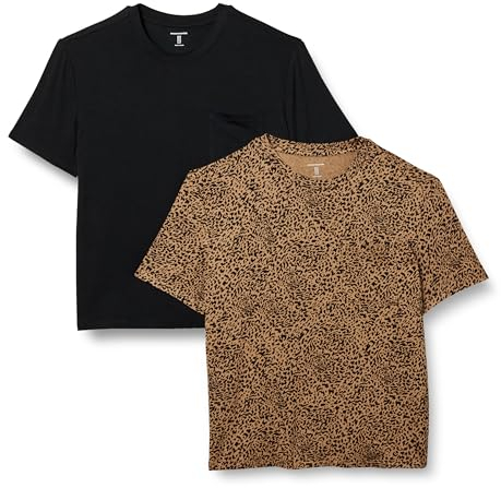 Amazon Essentials Damen Kurzärmeliges Rundhals-T-Shirt aus Jersey mit Tasche, Bequeme Passform, 2er-Pack, Braun Leopardenmuster/Schwarz, XL