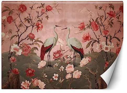 Feeby Premium Vinyl Fototapete Natur Storch Blumen 150x105 cm XXL Wandtapete Tapeten Wohnzimmer Schlafzimmer Jugendzimmer Büro Flur Hotel Spa Moderne Design Wand Dekoration Vogel AI Botanik Rosa
