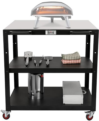 Feasto 3 Ablagen Grilltisch, Outdoor Pizzaofen Tisch Grillwagen mit Rädern, Großer 304 Edelstahl Outdoor Prep Tisch Pizzaofen Ständer für Grill, Metallwagen auf Rädern für Ooni, Blackstone