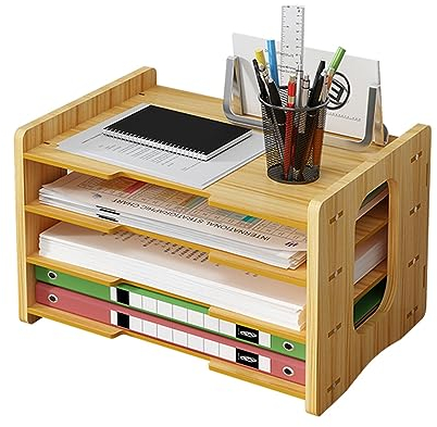 Wooden Desk File Organiser, A4 Paper Letter Tray Desktop File Holder Document Storage Rack Desk Tidy Organiser for Home Office Supplies(js05,Cherry Wood)