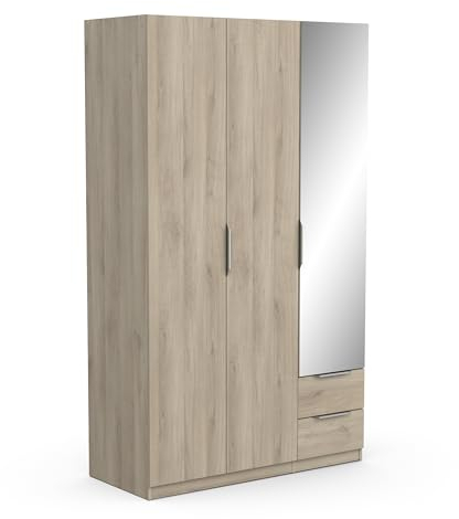 Demeyere 391391 Vestidor con Espejo y Armario Moderno 3 Puertas 2 cajones 4 nichos, Color Roble Kronberg, 119,4 x 51,1 x 203 cm, Madera de ingeniería, Gris
