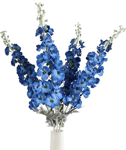 Fqueelvys 42'' Long Stem Blue Delphinium Artificial Flowers for Tall Vases 4PCS Fake Hollyhock Silk Flowers Realistic Larkspur Faux Flowers for Home Wedding Table Decor Floral Arrangement (Dark Blue)