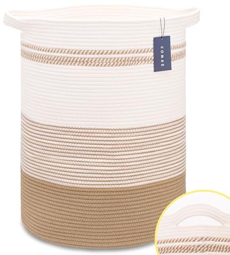 COMSE Extra Large Blanket Basket, Tall Laundry Basket, Nursery Hamper, 40 x 55 CM, Cotton Rope Woven Laundry Hamper for Storage Toys Clothes Towels, Brown & White
