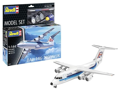 Revell Model Set BAe 146-200 “AirUK”, inklusive Basisfarben, Kleber & Pinsel, ideal für Modellbauer und Flugzeugfans