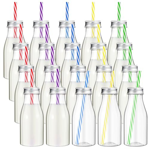 Yinkin 20 Sets Plastic Milk Bottles with Straws Bulk Reusable Beverage Containers for Birthday Baby Shower Party with Metal Lids Straws for Milk Juice Smoothies (8 oz,Summer Color)