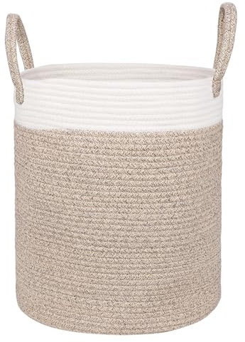 sprecenk Laundry Basket Tall Storage Basket for Kids Toys 40L Large Foldable Woven Laundry Baskets with Handle for Clothes Towel Baby Blanket 40 x 35 x 35CM, White+Brown
