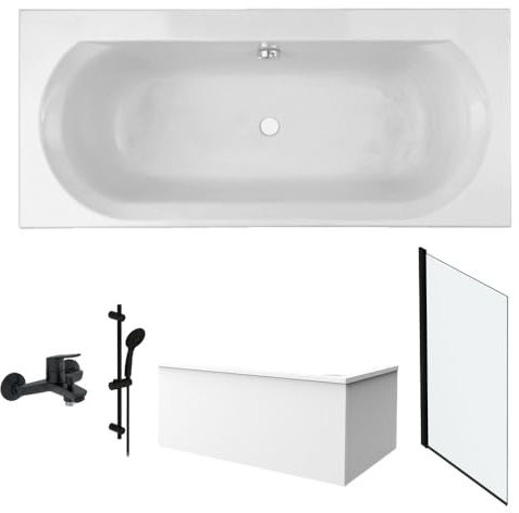 Jacob Delafon Pack Baignoire Droite 180 x 80 Elise + Tablier Angle + pommeau et mitigeur Bain Noir Aimé + Pare Bain Noir + vidage