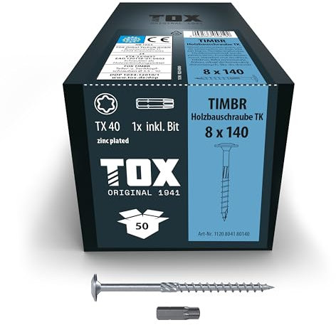 TOX Vis TIMBR TK 8,0 x 140 mm, zinguées bleues avec tête plate, TX40, vis pour un vissage facile et une capacité de charge élevée dans la construction en bois, 50 pcs, 1x embout inclus, 1120804180140